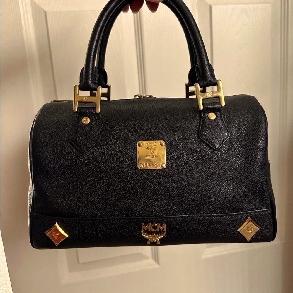 MCM Black Leather Handbag with Gold Accents